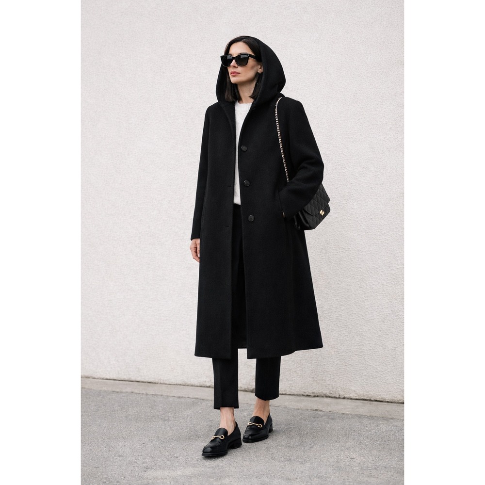 Vintage Forecaster Boston Black Wool Cashmere Hooded Long Coat 80s‎ 90s Sz 12